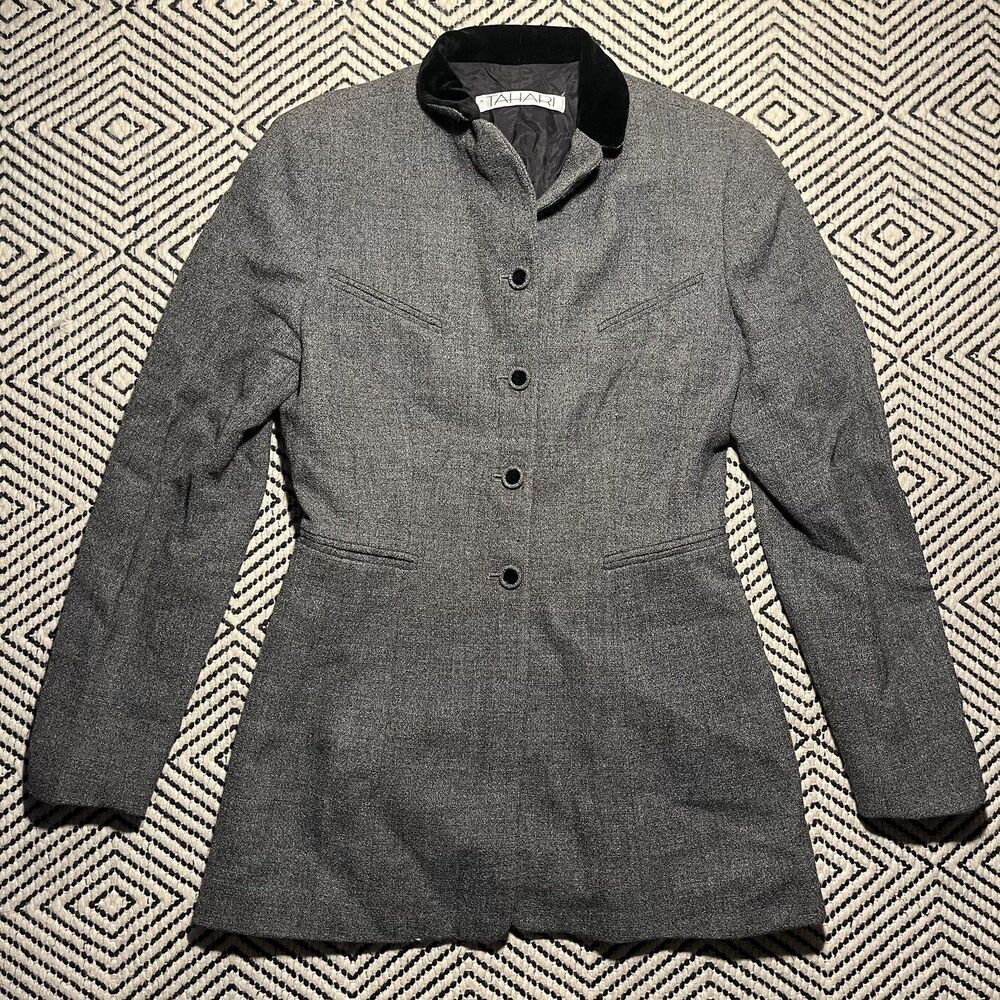 Tahari Vintage Black Velvet Blazer S 100% Wool Cotton Button Front Jacket Gothic